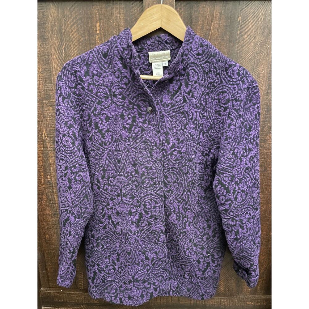 Coldwater Creek Purple Black Tapestry Knit Sweater Top PL Textured blazer Boho